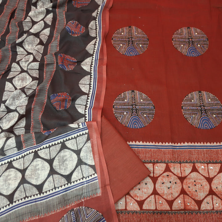 Suroor Cherry Red Digital Printed with French Knot Cotton Set