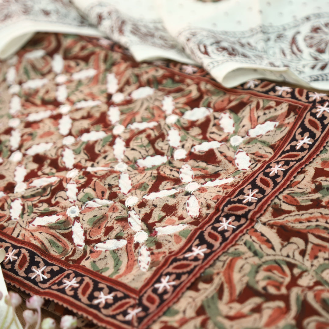 Nushrat Bride Red Kalamkari Printed Applique Cotton Set