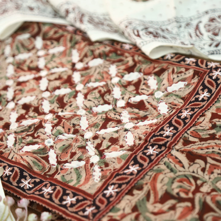 Nushrat Bride Red Kalamkari Printed Applique Cotton Set