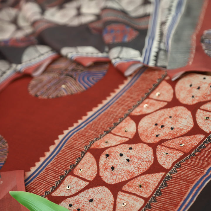 Suroor Cherry Red Digital Printed with French Knot Cotton Set