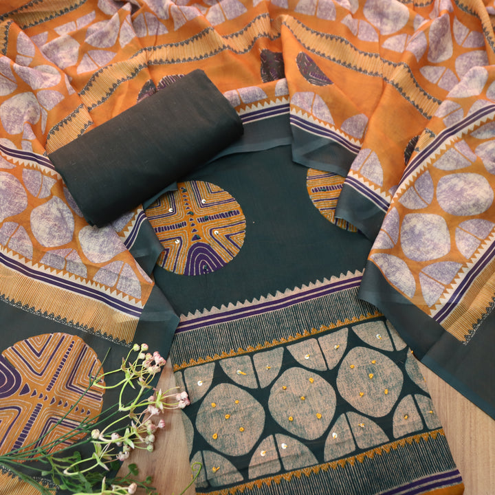 Suroor Sacramento Green Digital Printed with French Knot Cotton Set