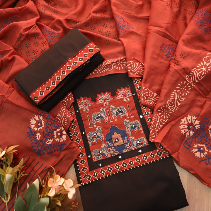 Anisa Ebony Black Applique Ajrakh Printed Yoke with Patra Cotton Set