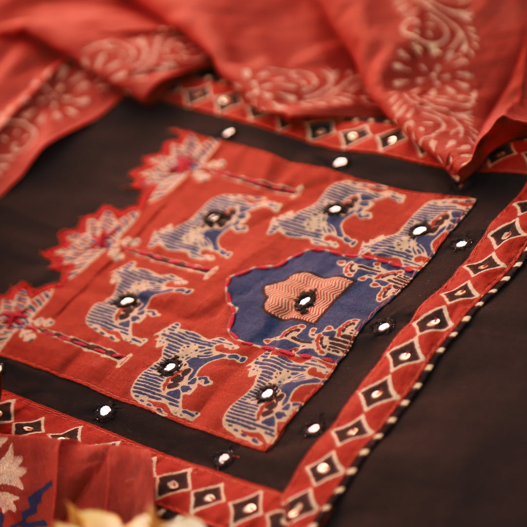 Anisa Ebony Black Applique Ajrakh Printed Yoke with Patra Cotton Set