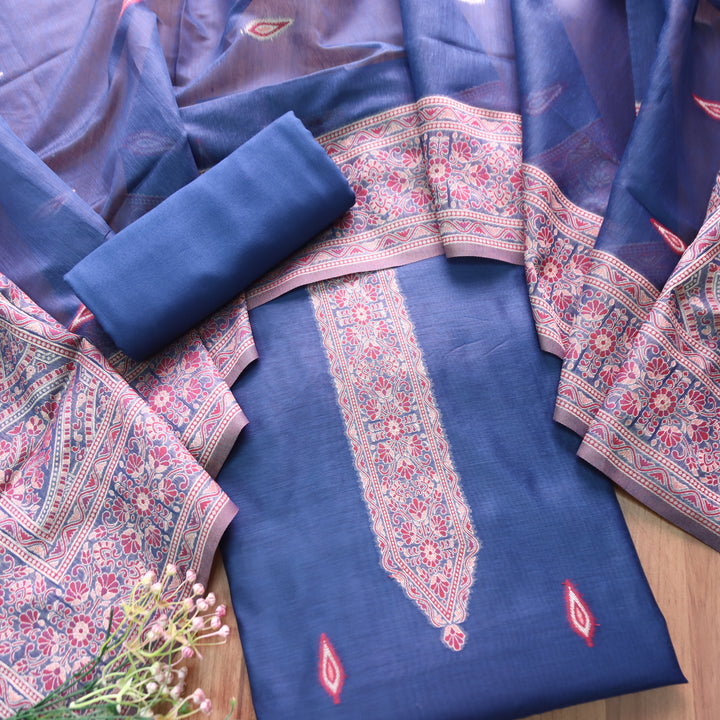 Khavaat Navy Blue Thread with Authentic Jamdani Weaved Chanderi Set
