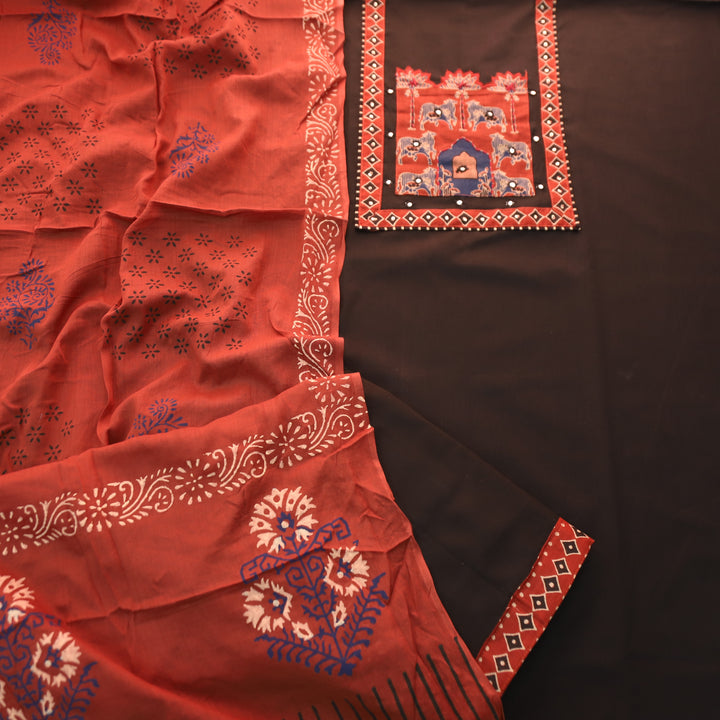 Anisa Ebony Black Applique Ajrakh Printed Yoke with Patra Cotton Set