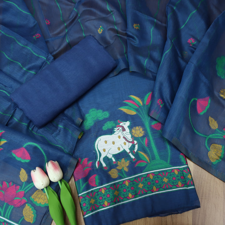 Hamraavi Royal Blue Authentic Pichwai Jamdani Weaved Set