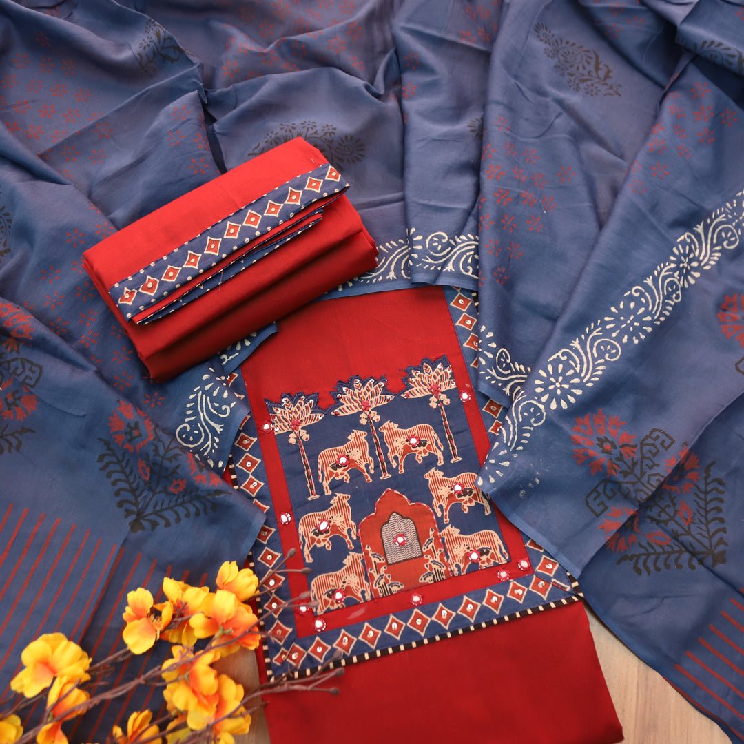 Anisa Cherry Red Applique Ajrakh Printed Yoke with Patra Cotton Set