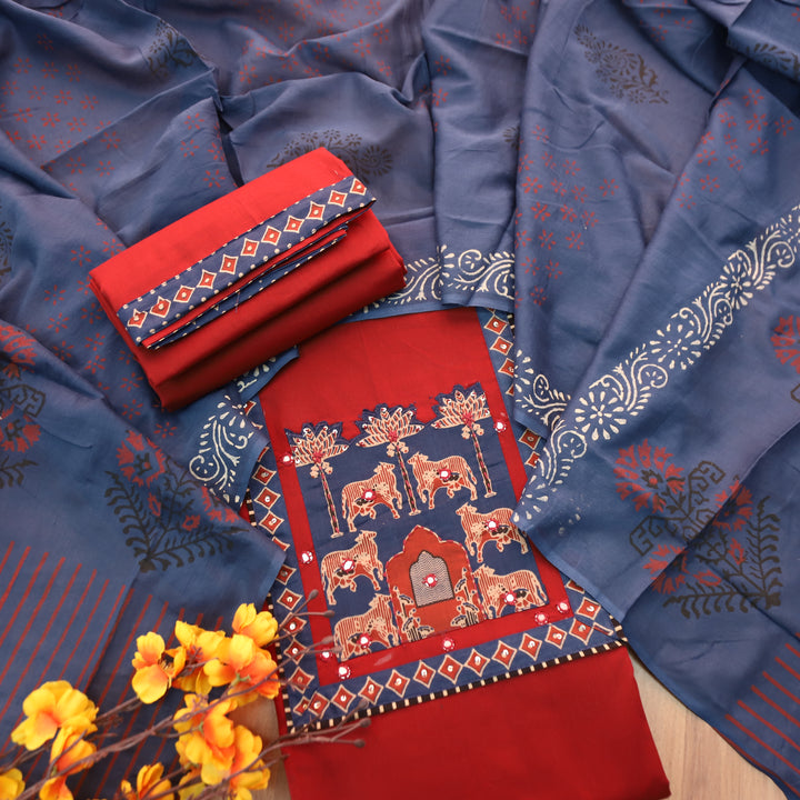 Anisa Cherry Red Applique Ajrakh Printed Yoke with Patra Cotton Set