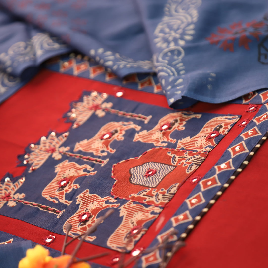 Anisa Cherry Red Applique Ajrakh Printed Yoke with Patra Cotton Set