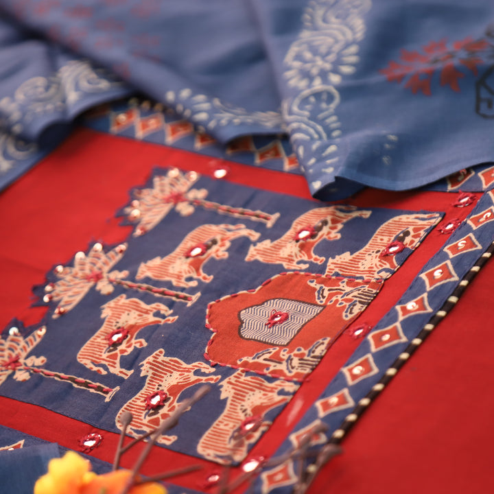 Anisa Cherry Red Applique Ajrakh Printed Yoke with Patra Cotton Set