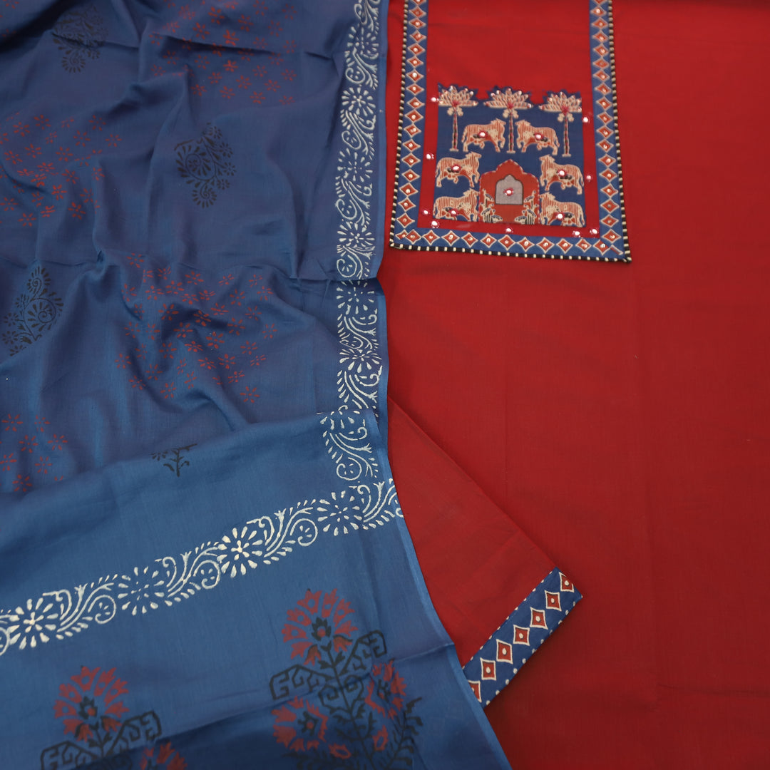Anisa Cherry Red Applique Ajrakh Printed Yoke with Patra Cotton Set