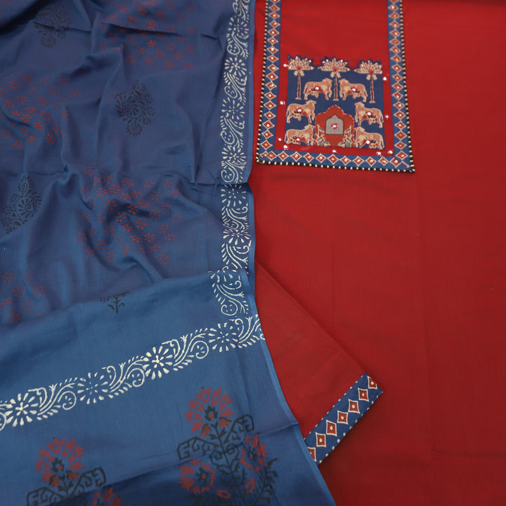 Anisa Cherry Red Applique Ajrakh Printed Yoke with Patra Cotton Set