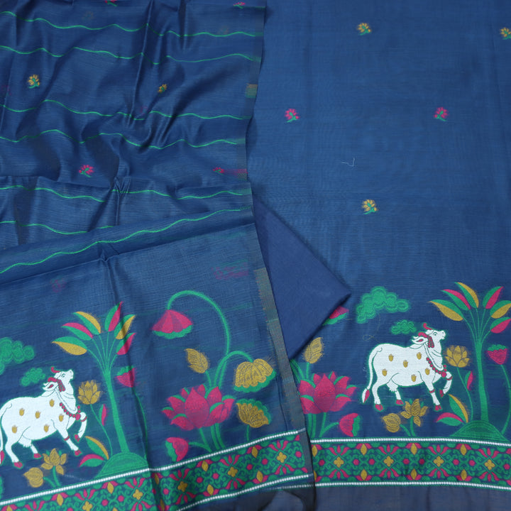 Hamraavi Royal Blue Authentic Pichwai Jamdani Weaved Set