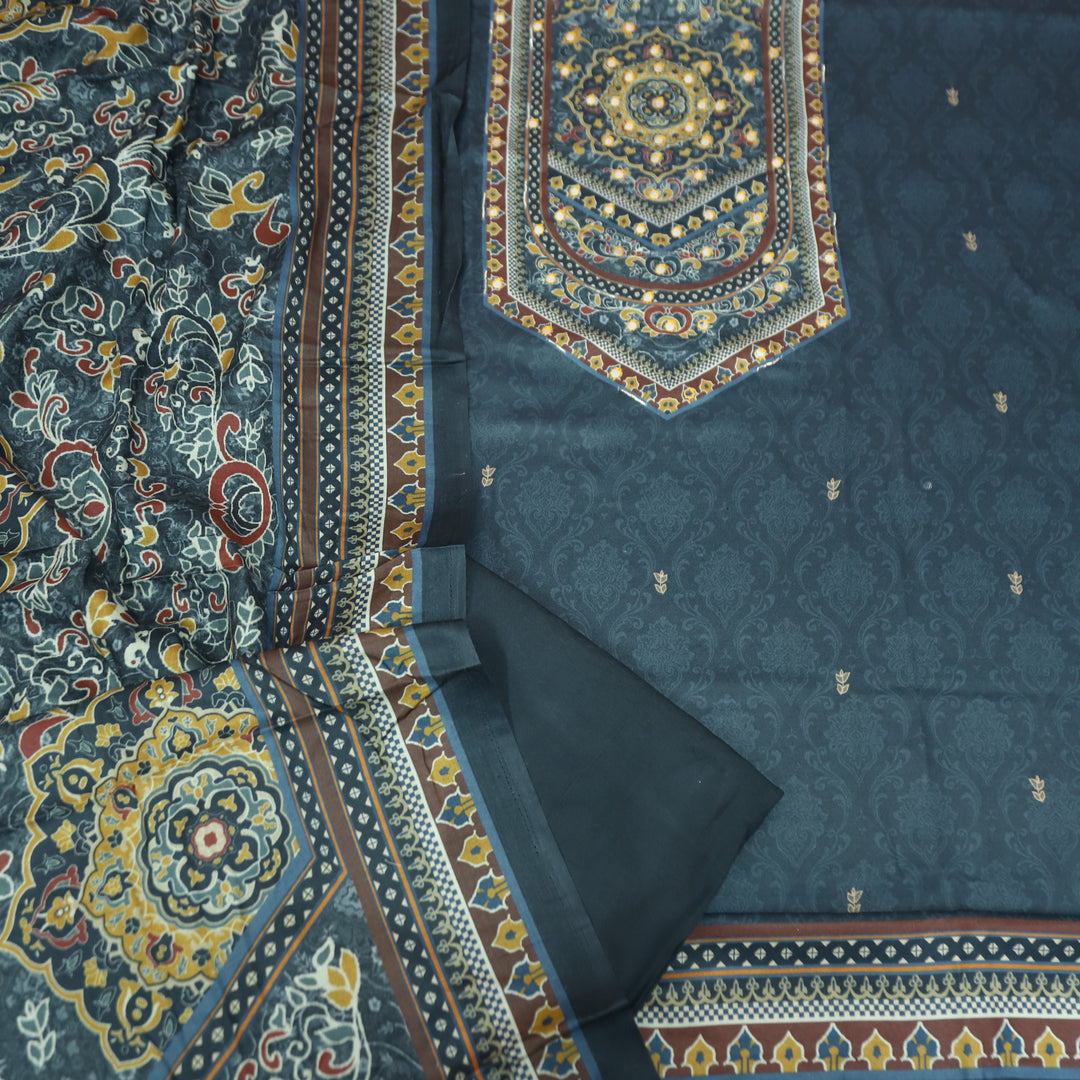 राजकोटि Charcoal Grey Balanced Digital Print with Patra Work Semi Pashmina winter Set