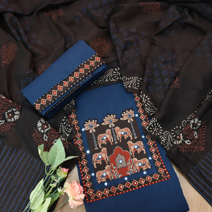 Anisa Royal Blue Applique Ajrakh Printed Yoke with Patra Cotton Set