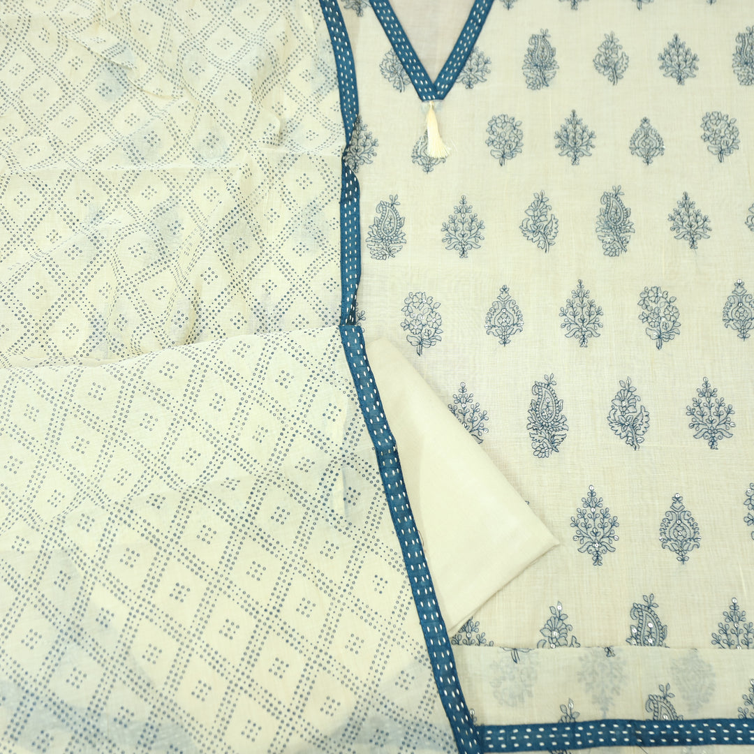 Avika Beige with Blue Embroidered Work Chanderi Set