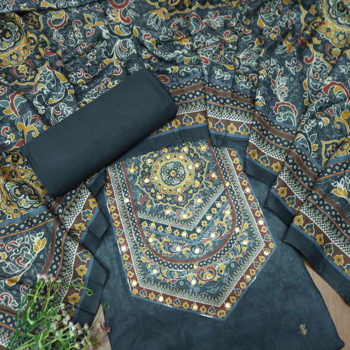 राजकोटि Charcoal Grey Balanced Digital Print with Patra Work Semi Pashmina winter Set