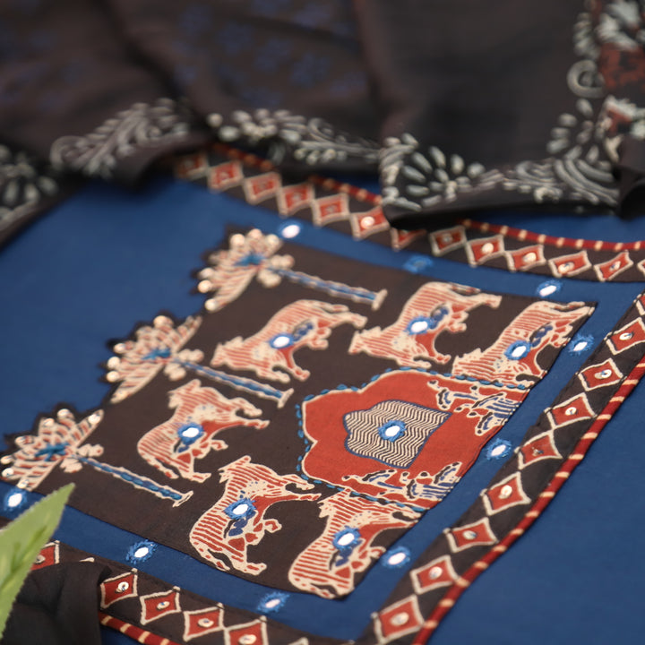 Anisa Royal Blue Applique Ajrakh Printed Yoke with Patra Cotton Set
