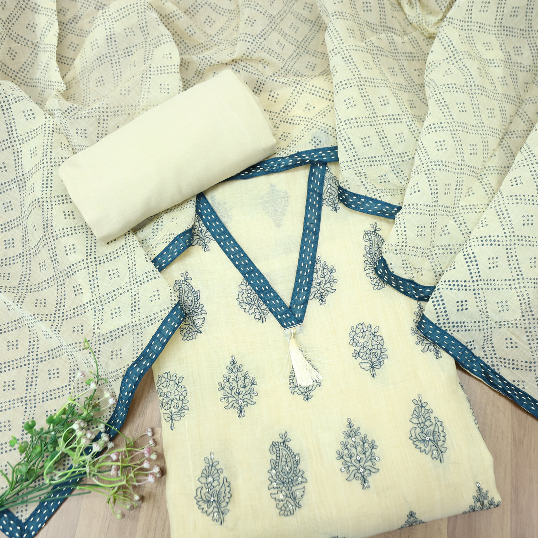 Avika Beige with Blue Embroidered Work Chanderi Set