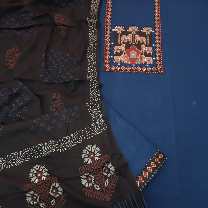 Anisa Royal Blue Applique Ajrakh Printed Yoke with Patra Cotton Set
