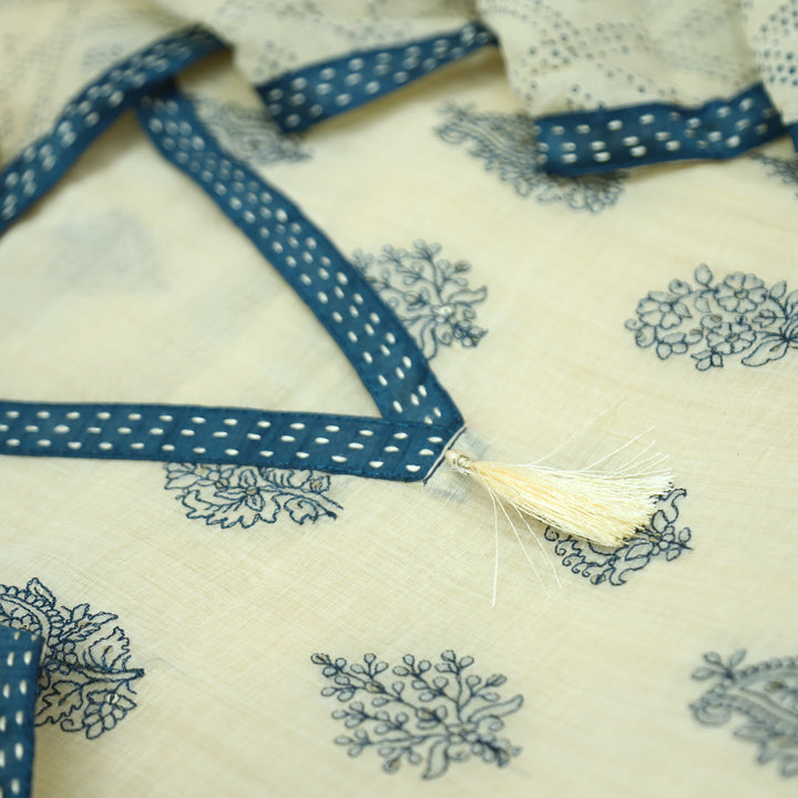 Avika Beige with Blue Embroidered Work Chanderi Set