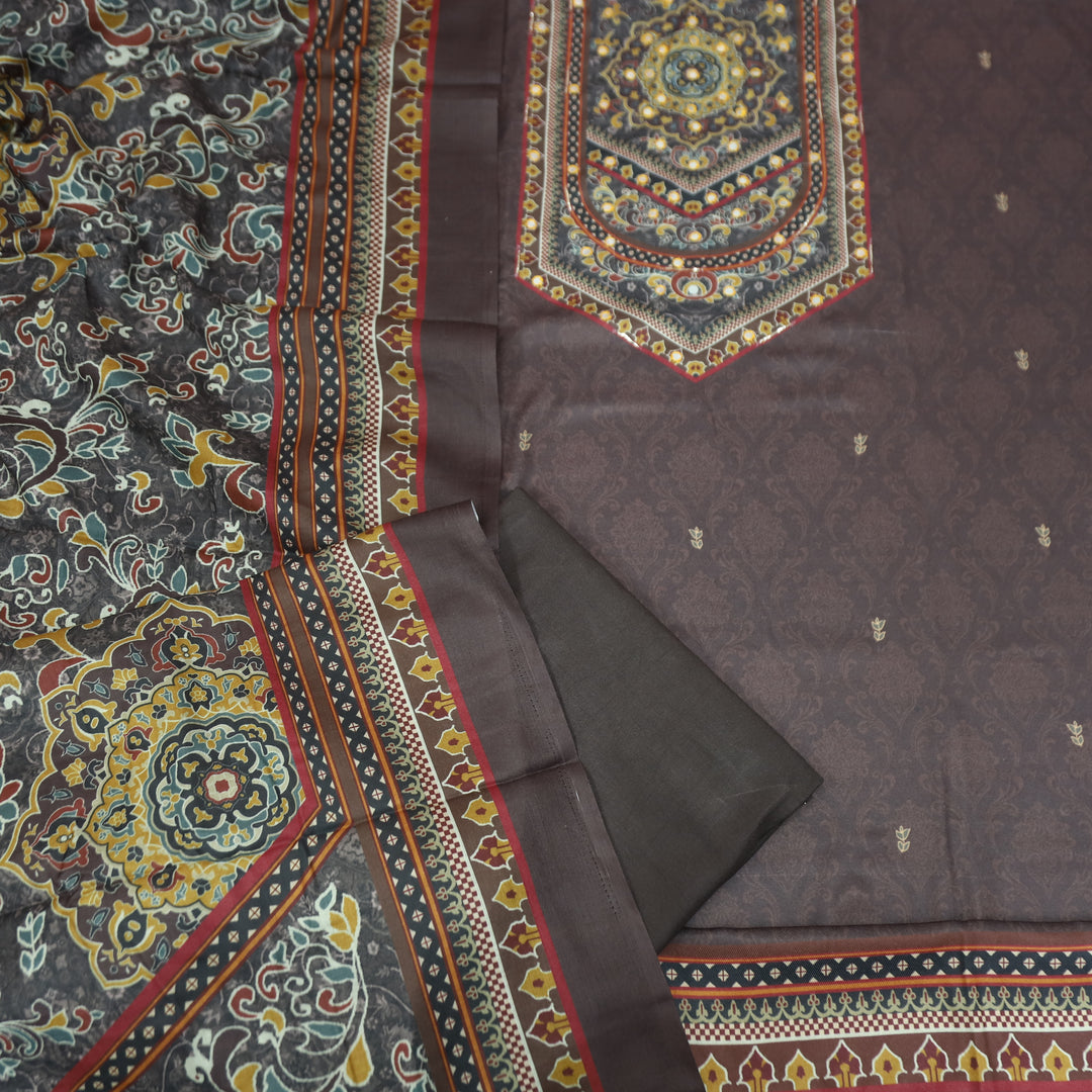राजकोटि Dark Chocolate Balanced Digital Print with Patra Work Semi Pashmina winter Set