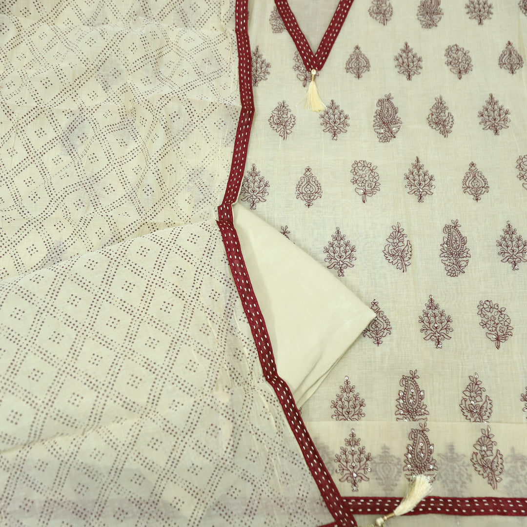 Avika Beige with Red Embroidered Work Chanderi Set