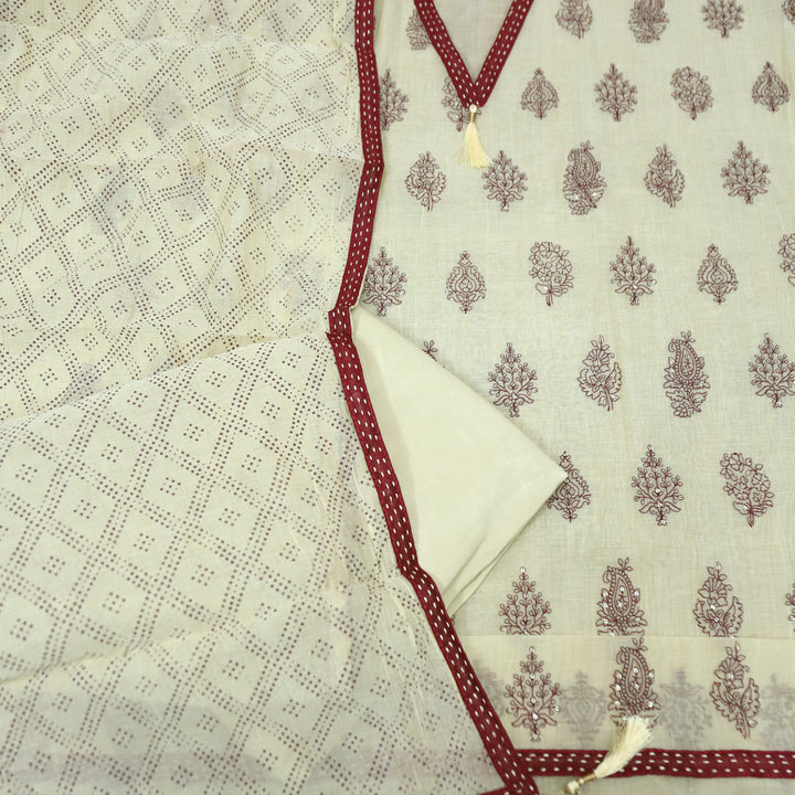 Avika Beige with Red Embroidered Work Chanderi Set