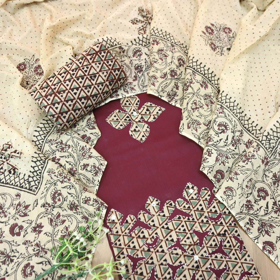 Saloni Deep Wine Applique Kalamkari Patch Hem Glazed Cotton Set