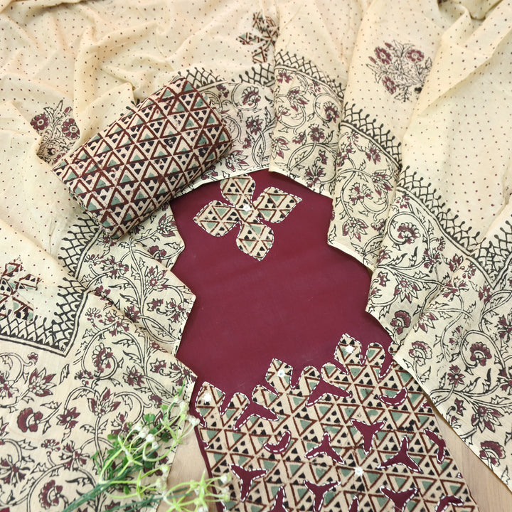 Saloni Deep Wine Applique Kalamkari Patch Hem Glazed Cotton Set