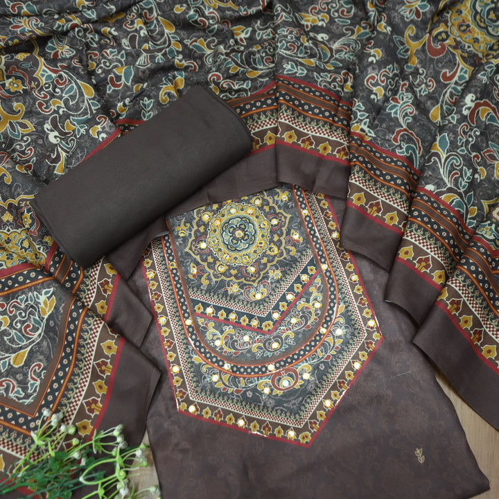 राजकोटि Dark Chocolate Balanced Digital Print with Patra Work Semi Pashmina winter Set