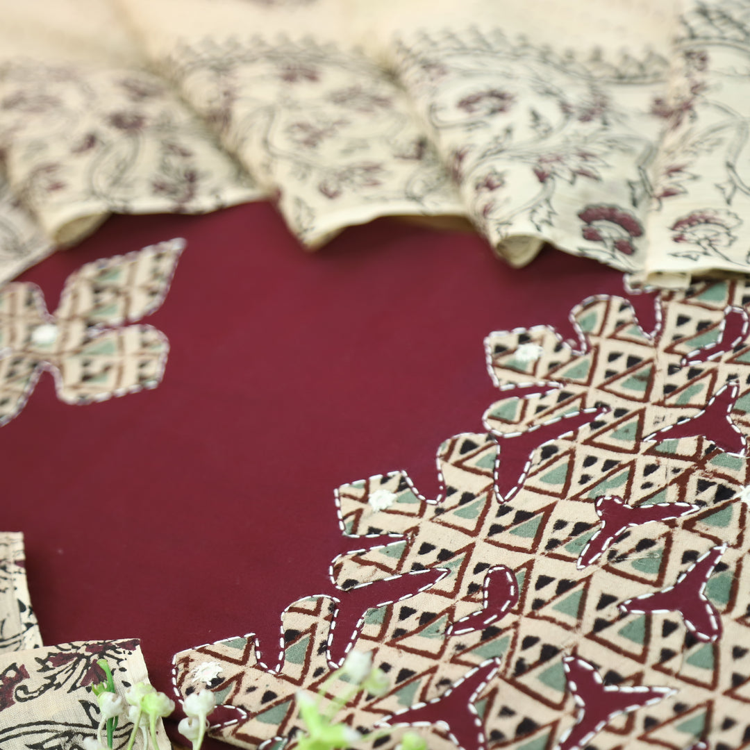 Saloni Deep Wine Applique Kalamkari Patch Hem Glazed Cotton Set