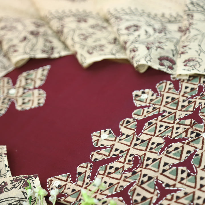 Saloni Deep Wine Applique Kalamkari Patch Hem Glazed Cotton Set