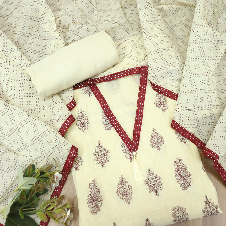 Avika Beige with Red Embroidered Work Chanderi Set