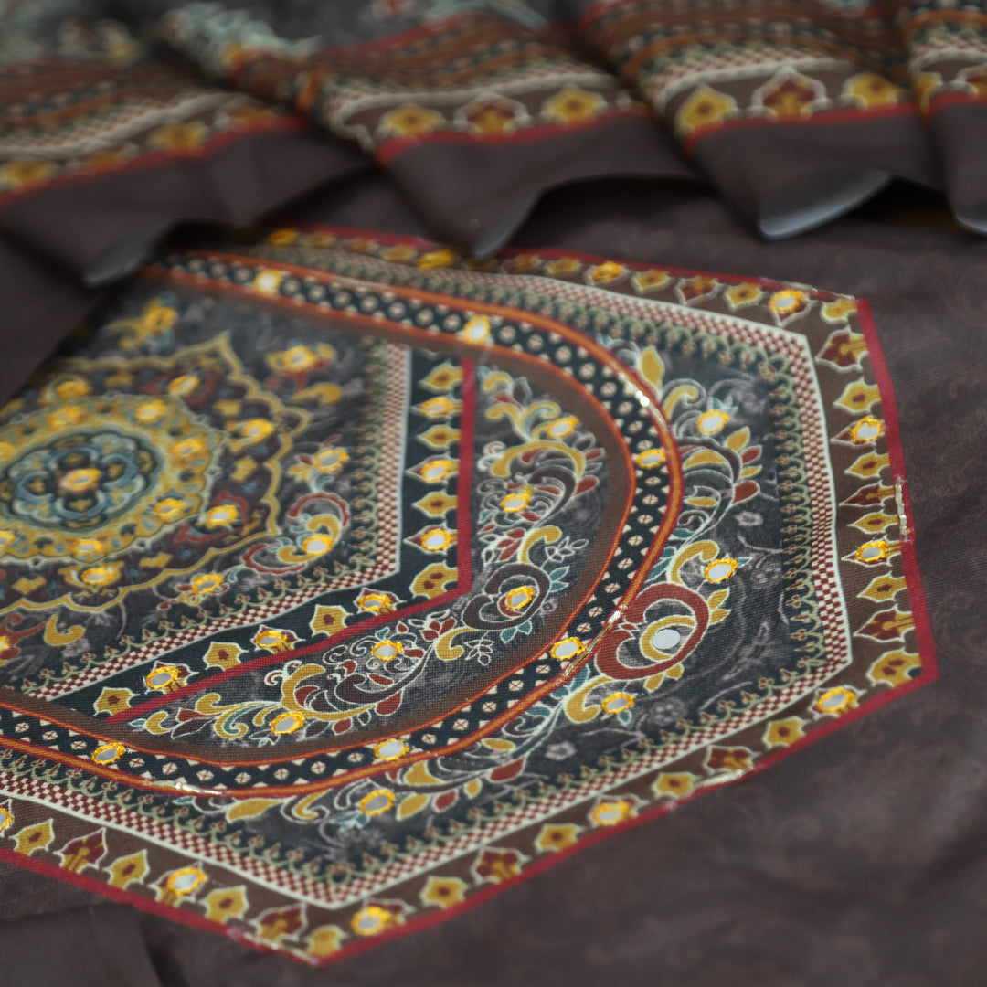 राजकोटि Dark Chocolate Balanced Digital Print with Patra Work Semi Pashmina winter Set