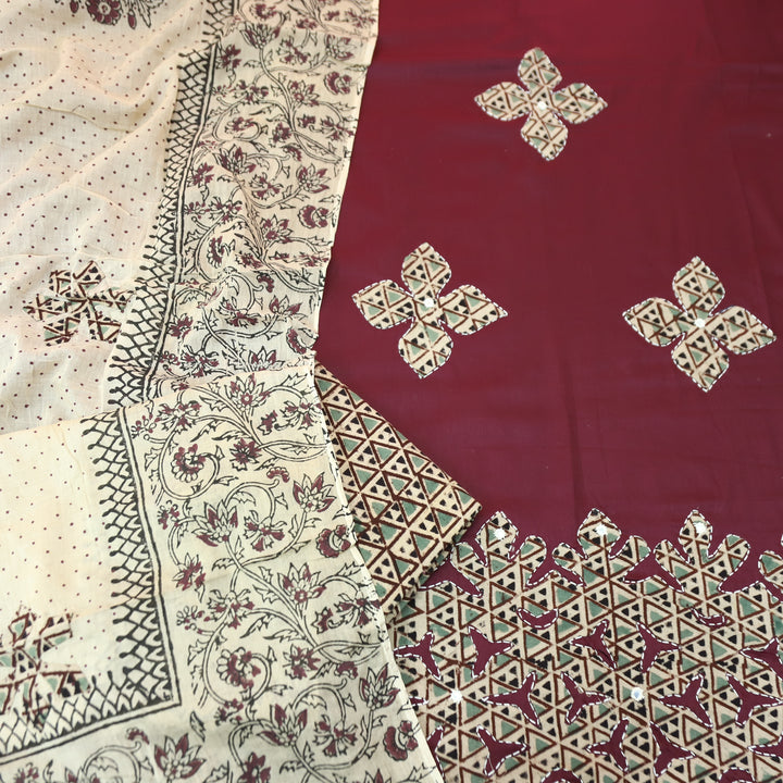 Saloni Deep Wine Applique Kalamkari Patch Hem Glazed Cotton Set