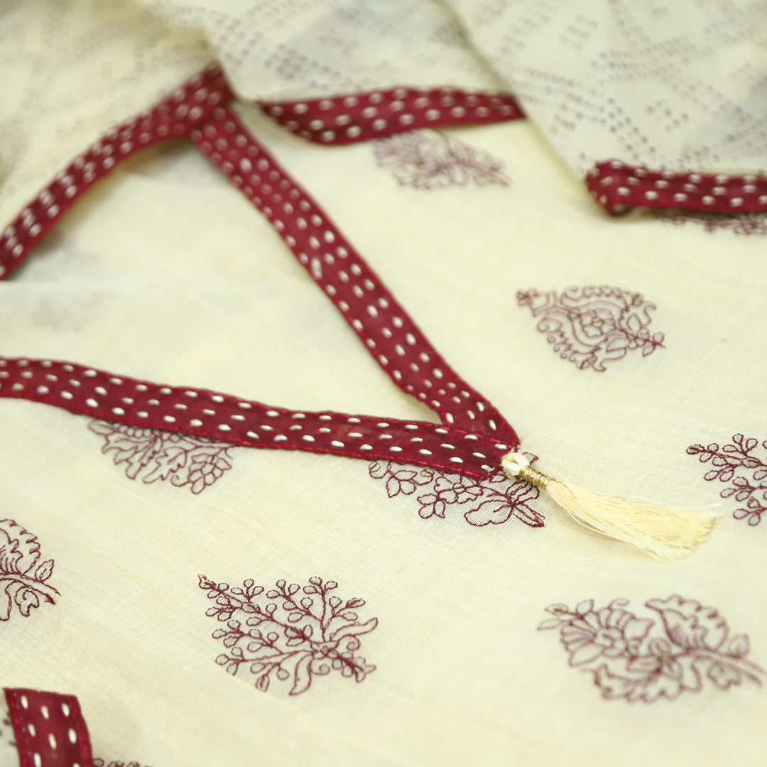 Avika Beige with Red Embroidered Work Chanderi Set