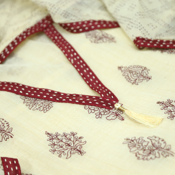 Avika Beige with Red Embroidered Work Chanderi Set