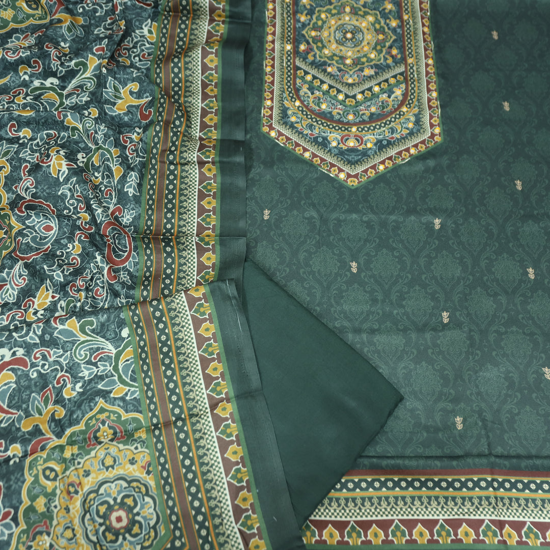 राजकोटि Prussian Teal Balanced Digital Print with Patra Work Semi Pashmina winter Set