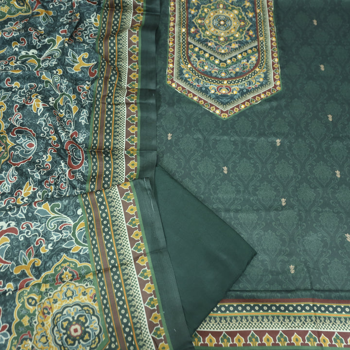 राजकोटि Prussian Teal Balanced Digital Print with Patra Work Semi Pashmina winter Set