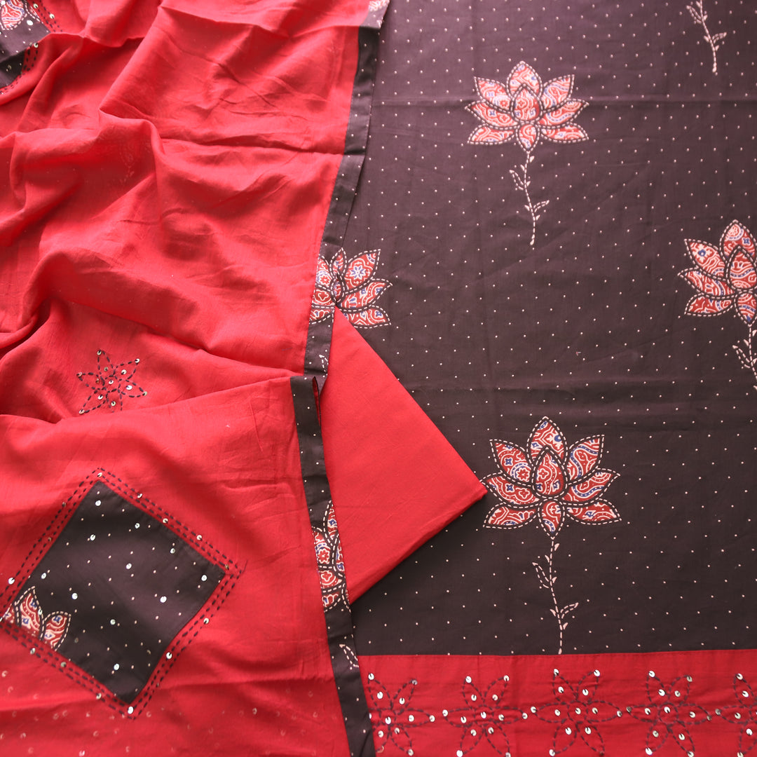Saloni Ebony Black Ajrak Floral Print with Thread Hem Cotton Set