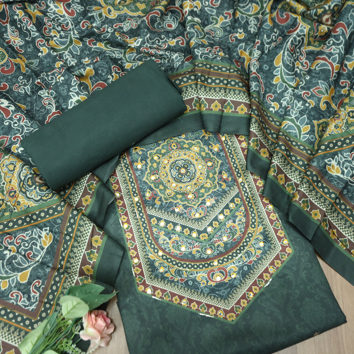 राजकोटि Prussian Teal Balanced Digital Print with Patra Work Semi Pashmina winter Set