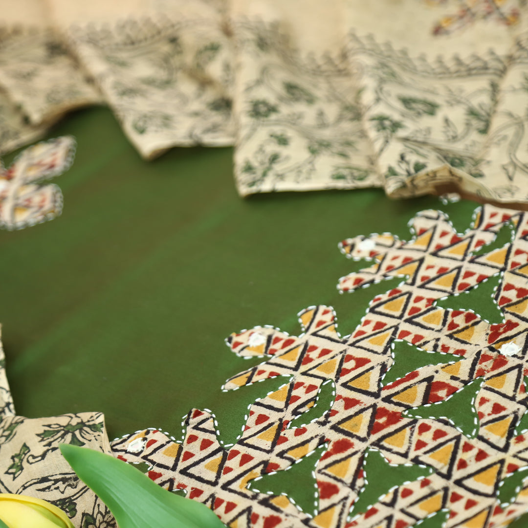 Saloni Grass Green Applique Kalamkari Patch Hem Glazed Cotton Set