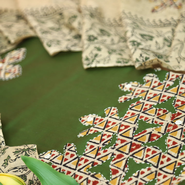 Saloni Grass Green Applique Kalamkari Patch Hem Glazed Cotton Set