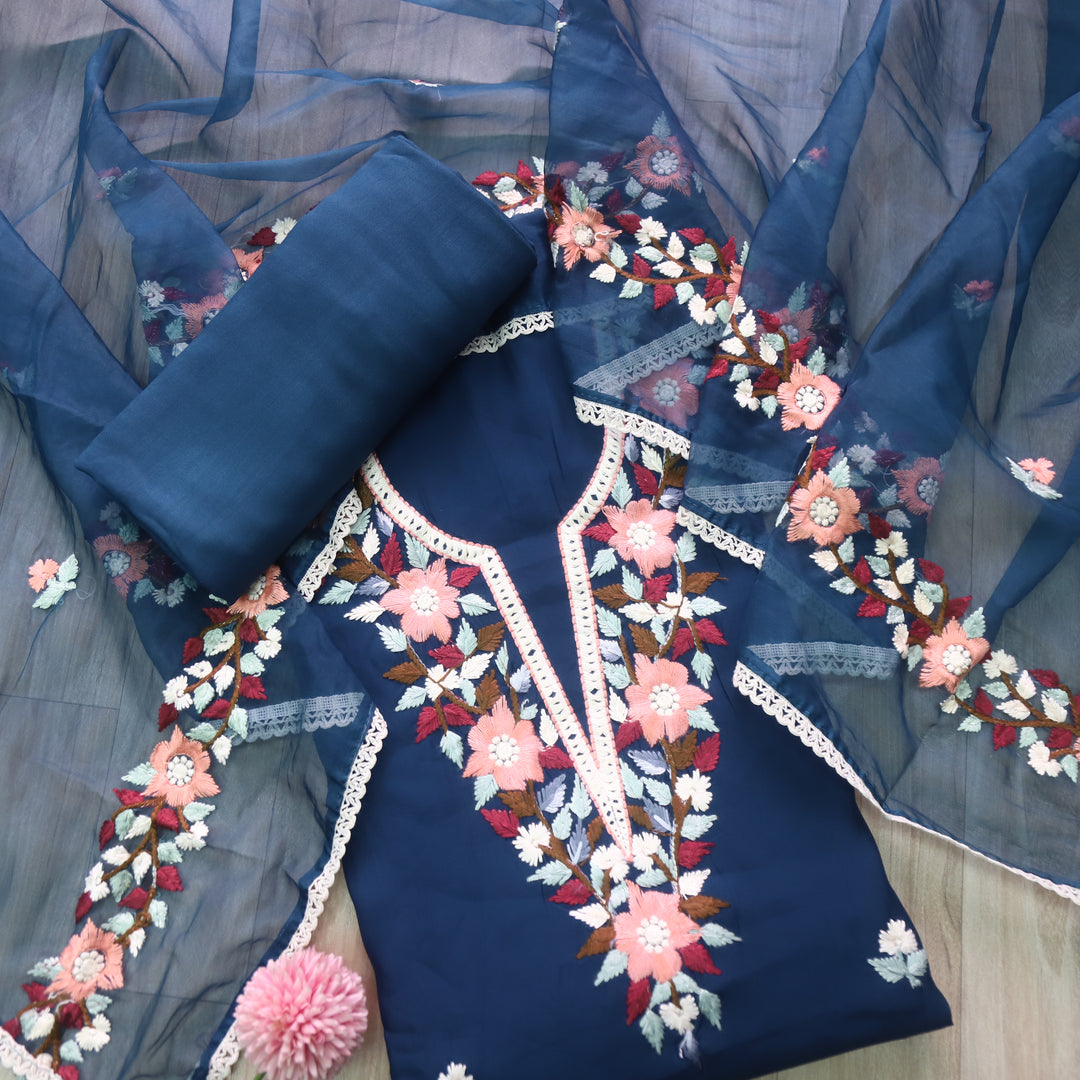 Riwayaat Navy Blue Chikankari inspired Neck Work Modal Suit Set