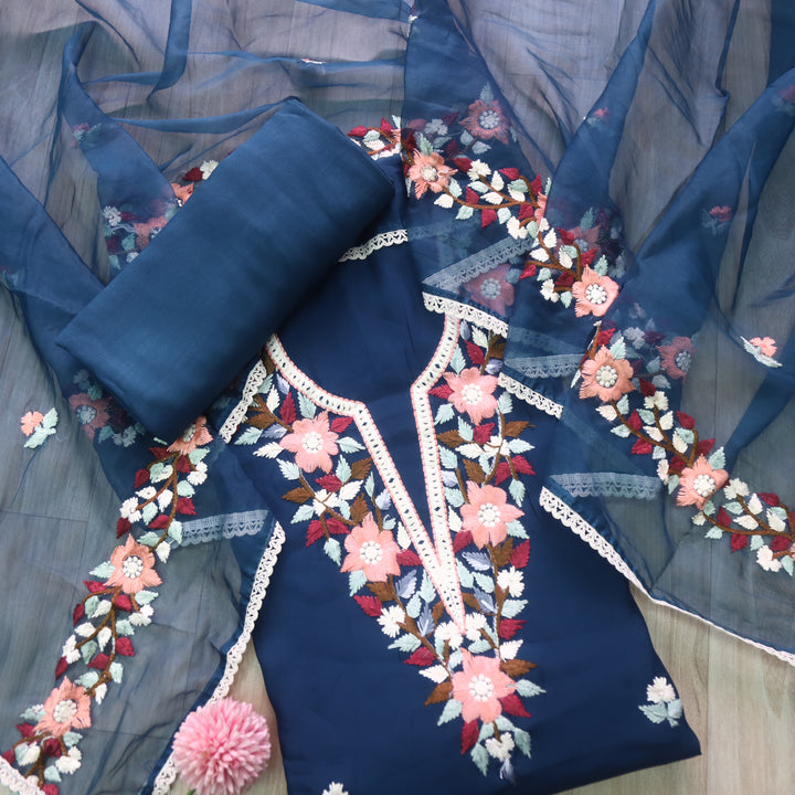 Riwayaat Navy Blue Chikankari inspired Neck Work Modal Suit Set