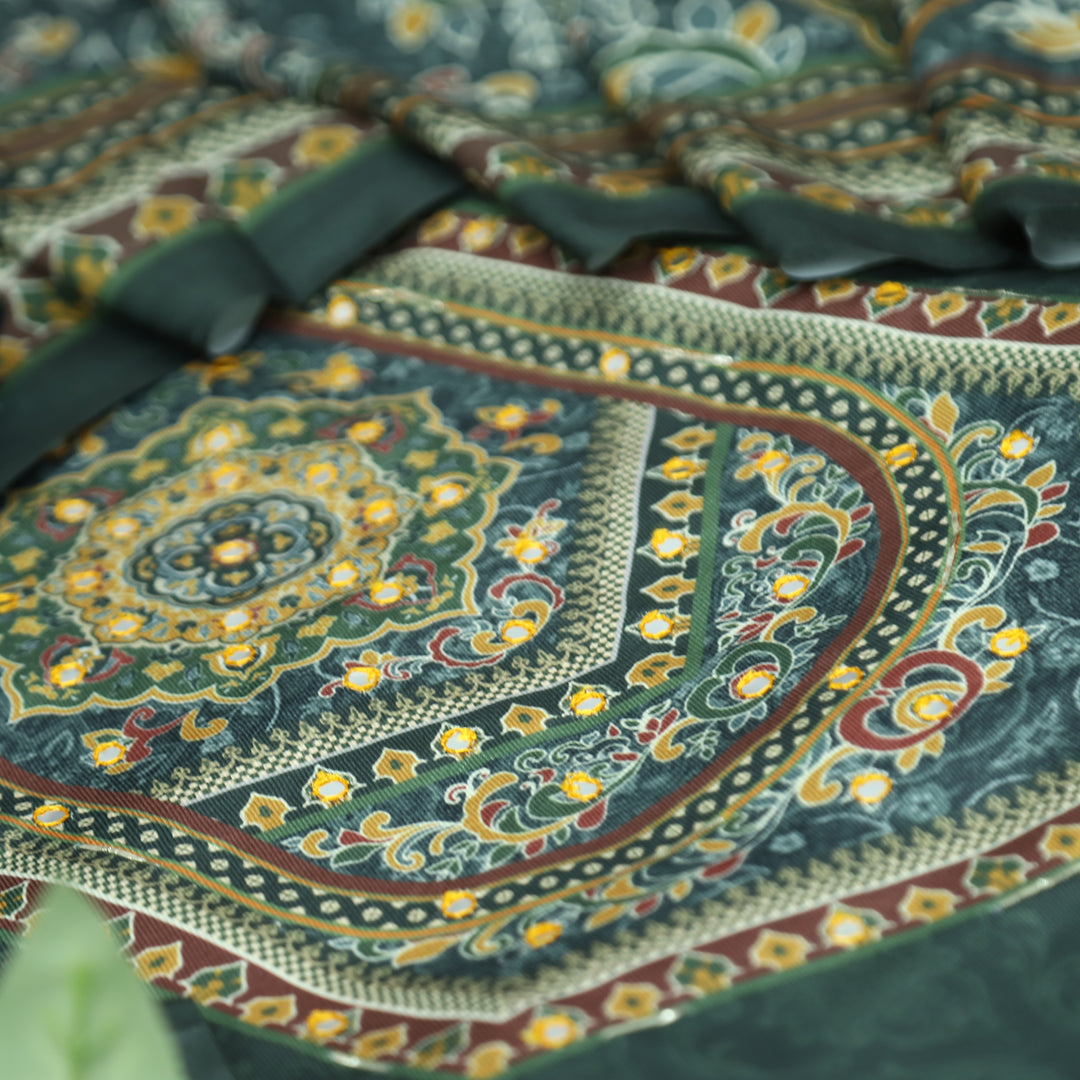 राजकोटि Prussian Teal Balanced Digital Print with Patra Work Semi Pashmina winter Set