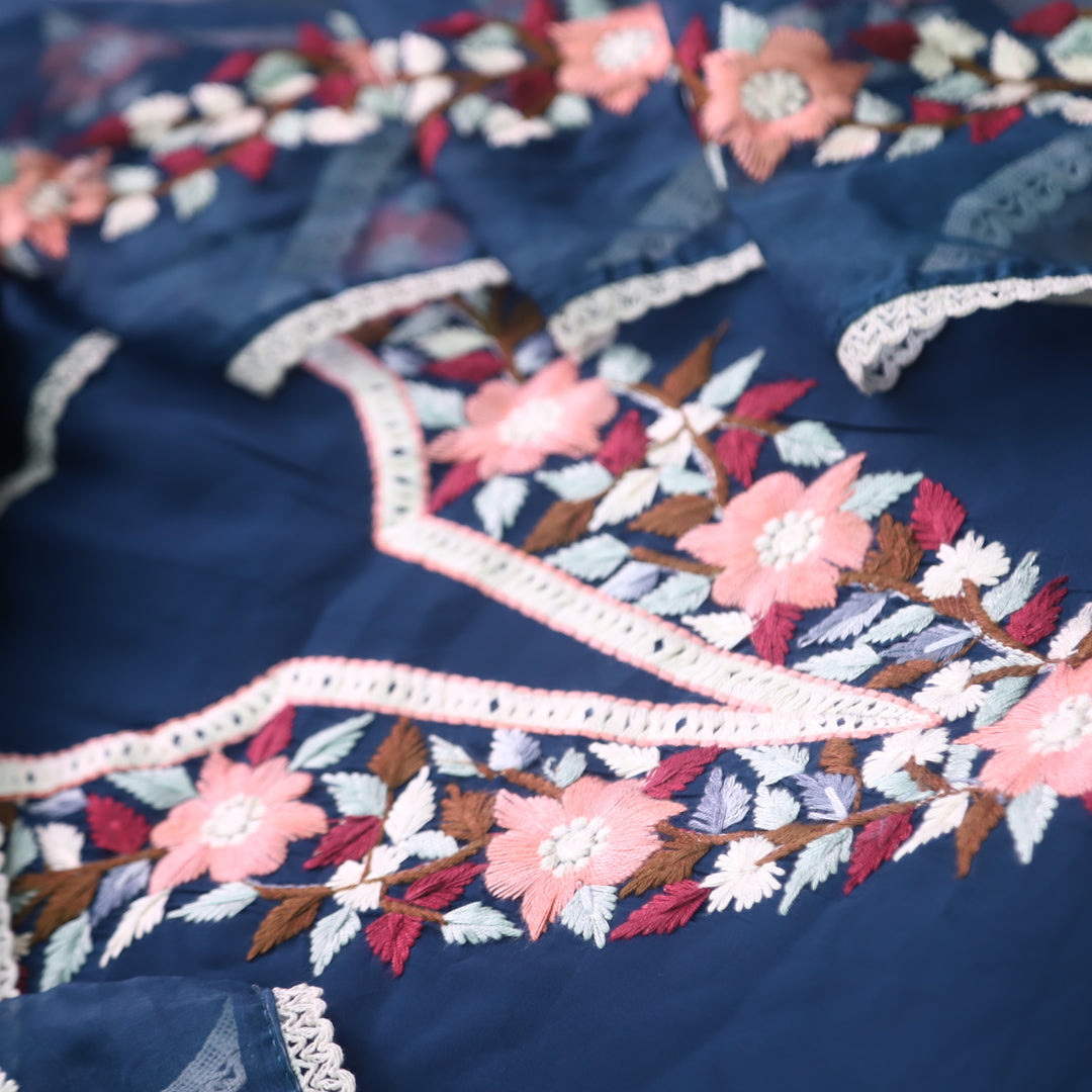 Riwayaat Navy Blue Chikankari inspired Neck Work Modal Suit Set