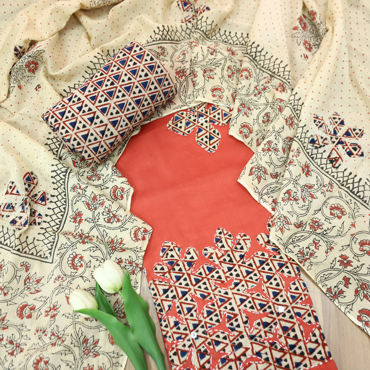Saloni Rust Orange Applique Kalamkari Patch Hem Glazed Cotton Set