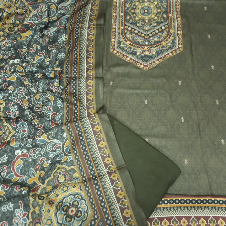 राजकोटि Olive Green Balanced Digital Print with Patra Work Semi Pashmina winter Set